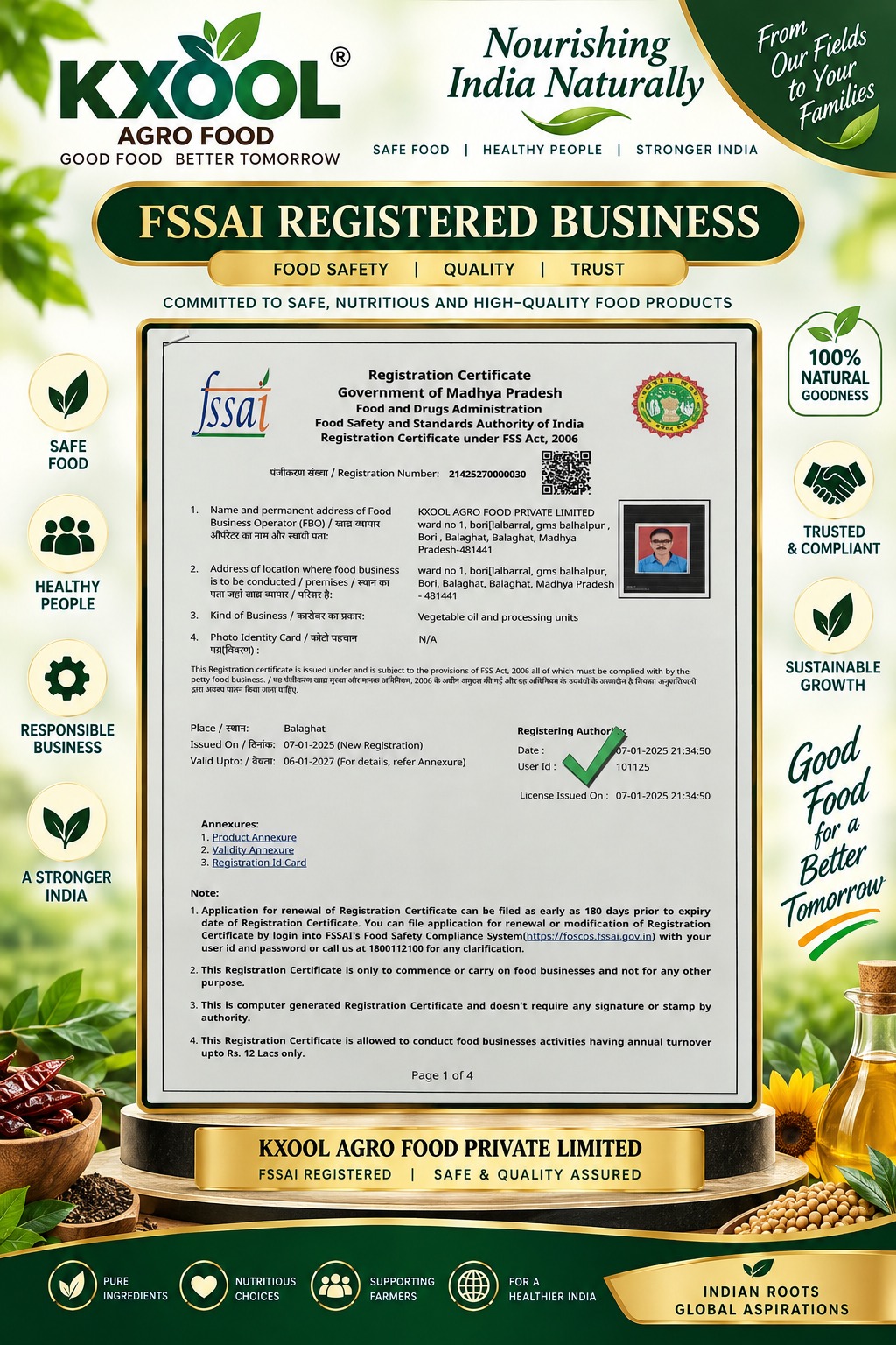 KXOOL Agro Food FSSAI Registration Certificate
