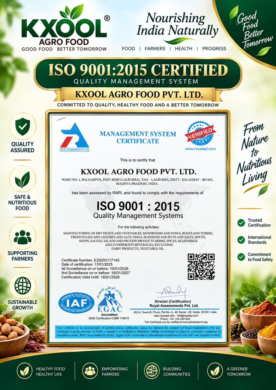 KXOOL Agro Food ISO 9001 2015 Certificate
